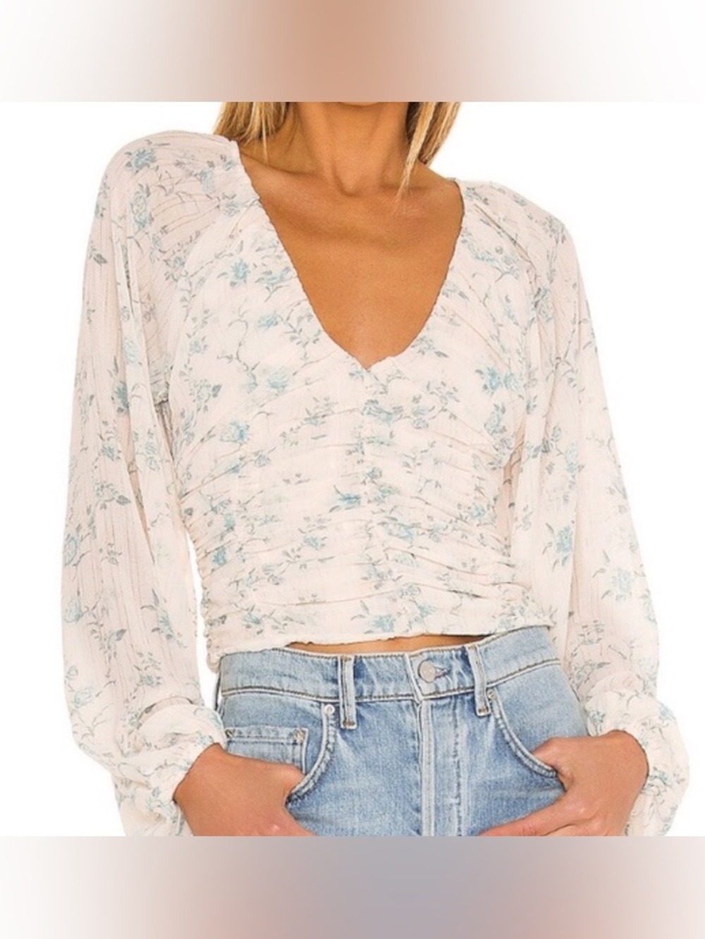 Free People Final Rose  V-Neck Ruched top smocked back billowy sleeve